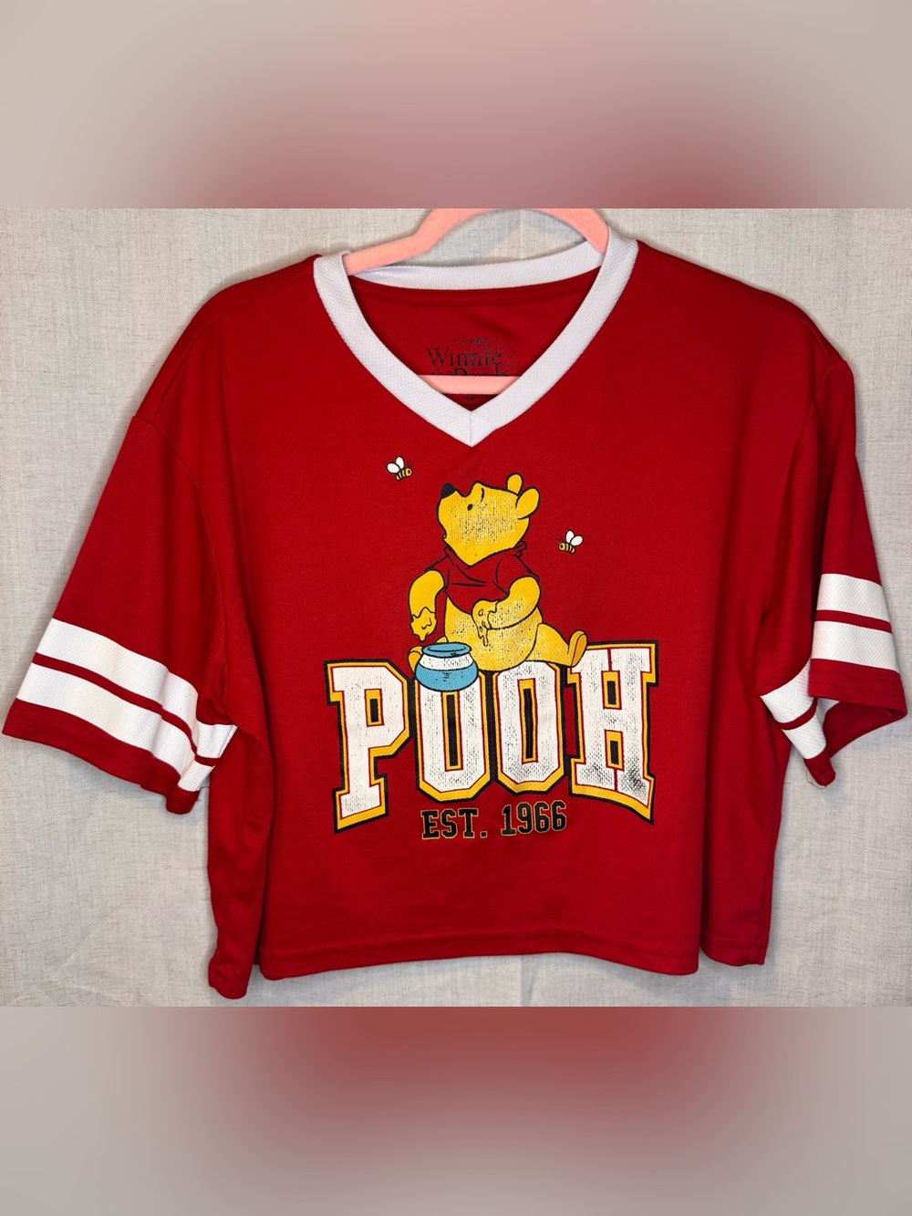 Disney Winnie the Pooh Cropped Jersey S/M Red Oh Bother Varsity Graphic Shirt